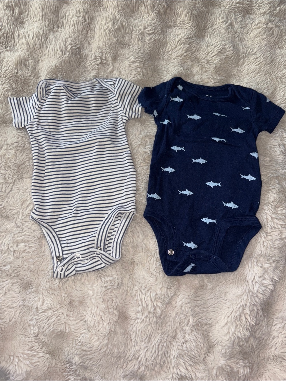 child of mine Navy Shark Print & White Navy-Striped Short-Sleeve Onesies Set